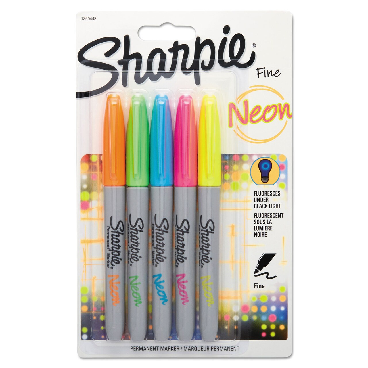 Sharpie Neon Permanent Markers, Fine Bullet Tip, Assorted Colors, 5/Pack